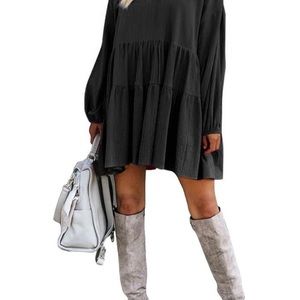 Fancyinn mini Vneck long sleeve babydoll dress Black XS